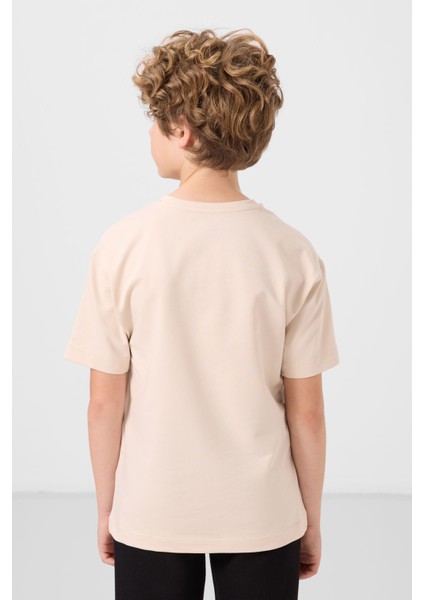 Bej Pamuklu Yumuşak Dokulu Oversize Baskılı Erkek Çocuk T-Shirt - 11285