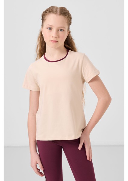 Bej-Bordo Pamuklu O Yaka Standart Fit Basic Ispanyol Paça Kız Çocuk Tayt Takım - 75192