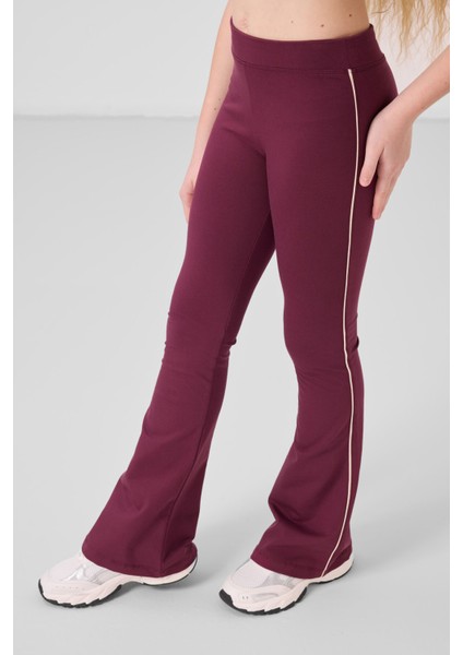 Bej-Bordo Pamuklu O Yaka Standart Fit Basic Ispanyol Paça Kız Çocuk Tayt Takım - 75192