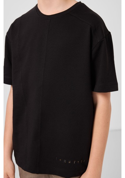 Siyah Pamuklu Yumuşak Dokulu Oversize Basic Erkek Çocuk T-Shirt - 11297