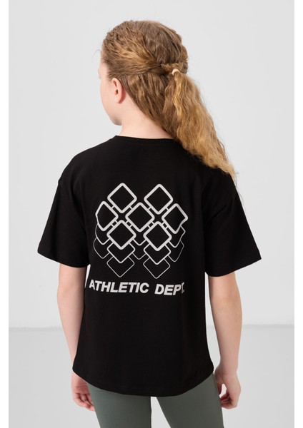 Siyah Pamuklu O Yaka Oversize Fit Baskılı Kız Çocuk T-Shirt - 75178