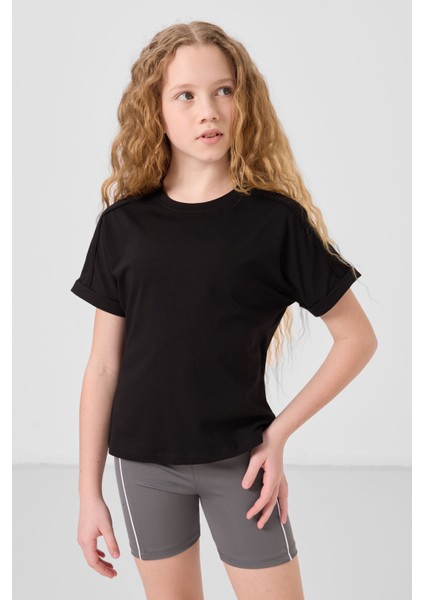 Siyah Pamuklu O Yaka Oversize Fit Basic Kız Çocuk T-Shirt - 75182