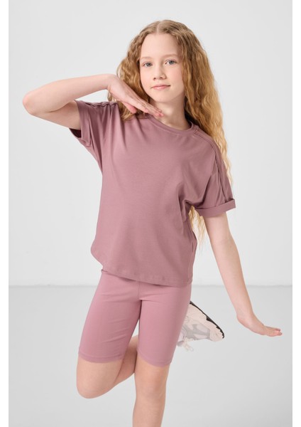 Gül Kurusu Pamuklu O Yaka Oversize Fit Basic Kız Çocuk T-Shirt - 75182 fiyatları
