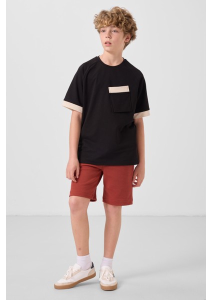 Siyah Pamuklu Yumuşak Dokulu Oversize Cep Detaylı Erkek Çocuk T-Shirt - 11295