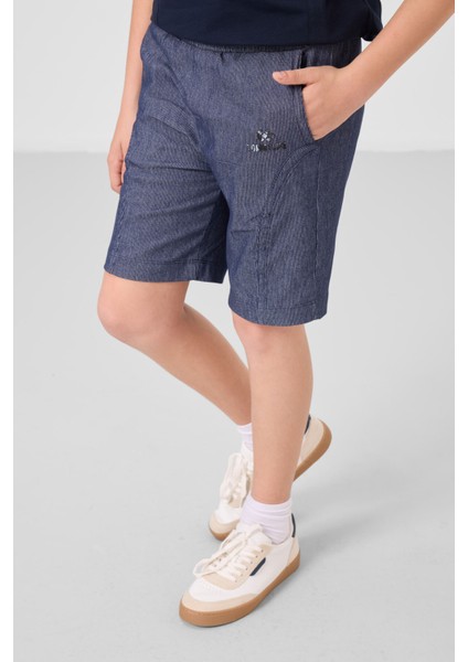 Lacivert-Kot Lacivert Pamuklu Oversize Fit Dokuma Hafif Esnek Chino Erkek Çocuk Şort Takım - 11276
