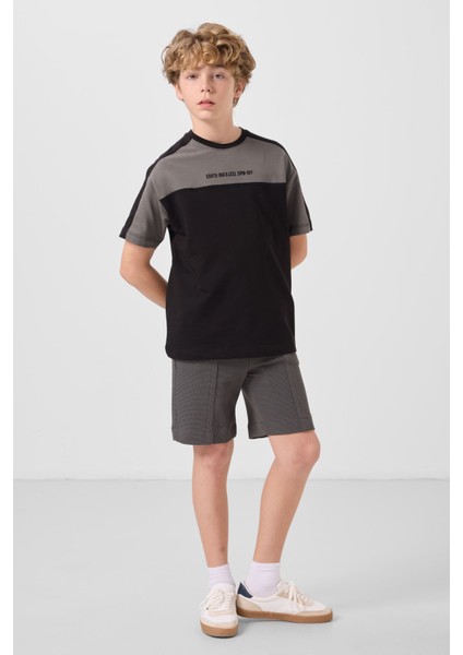 Siyah Pamuklu Yumuşak Dokulu Oversize Fit Baskılı Erkek Çocuk T-Shirt - 11290