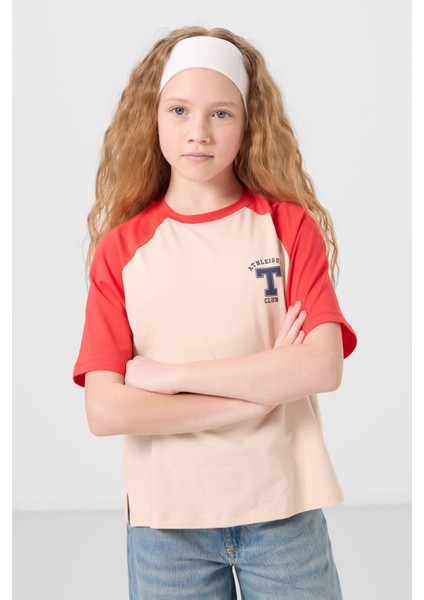 Bej O Yaka Pamuklu Baskılı Oversize Fit Kız Çocuk T-Shirt - 75179