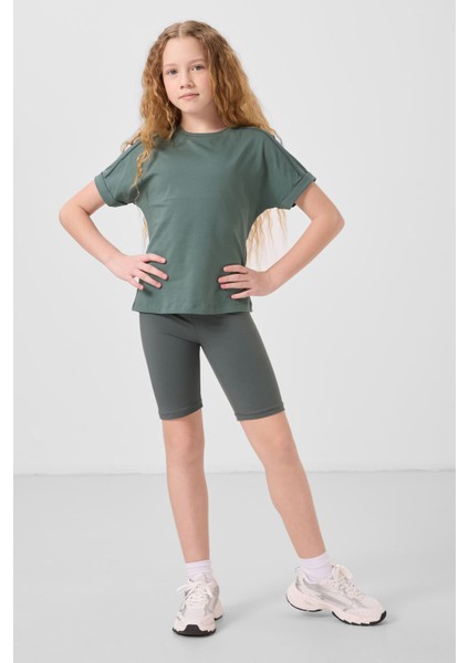 Açık Yeşil Pamuklu O Yaka Oversize Fit Basic Kız Çocuk T-Shirt - 75182