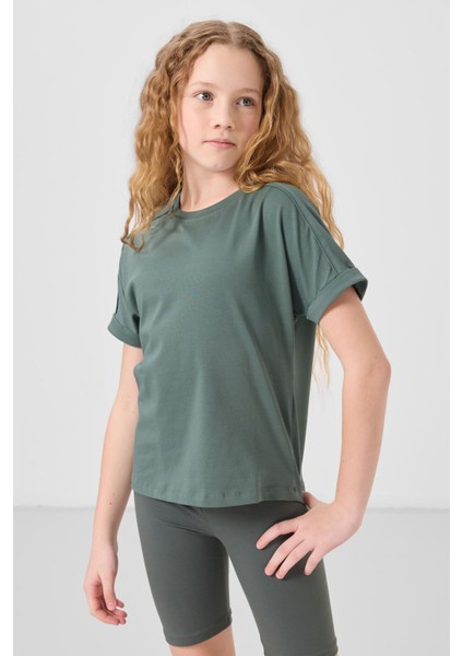 Açık Yeşil Pamuklu O Yaka Oversize Fit Basic Kız Çocuk T-Shirt - 75182