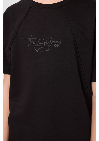 Siyah Pamuklu Yumuşak Dokulu Oversize Baskılı Erkek Çocuk T-Shirt - 11285