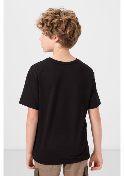 Siyah Pamuklu Yumuşak Dokulu Oversize Baskılı Erkek Çocuk T-Shirt - 11285