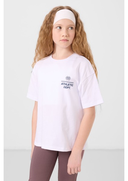 Beyaz Pamuklu O Yaka Oversize Fit Baskılı Kız Çocuk T-Shirt - 75178