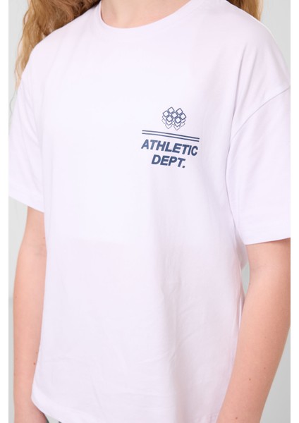 Beyaz Pamuklu O Yaka Oversize Fit Baskılı Kız Çocuk T-Shirt - 75178