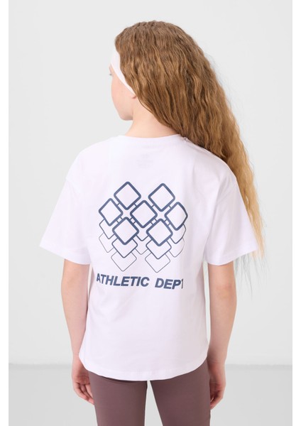 Beyaz Pamuklu O Yaka Oversize Fit Baskılı Kız Çocuk T-Shirt - 75178