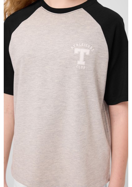 Gri Melanj O Yaka Pamuklu Baskılı Oversize Fit Kız Çocuk T-Shirt - 75179
