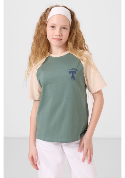 Açık Yeşil O Yaka Pamuklu Baskılı Oversize Fit Kız Çocuk T-Shirt - 75179