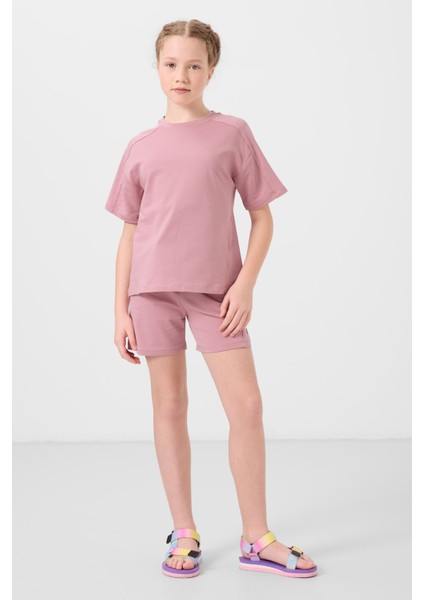 Gül Kurusu Pamuklu Yumuşak Dokulu Standart Fit Basic Kız Çocuk Şort Takım - 75184