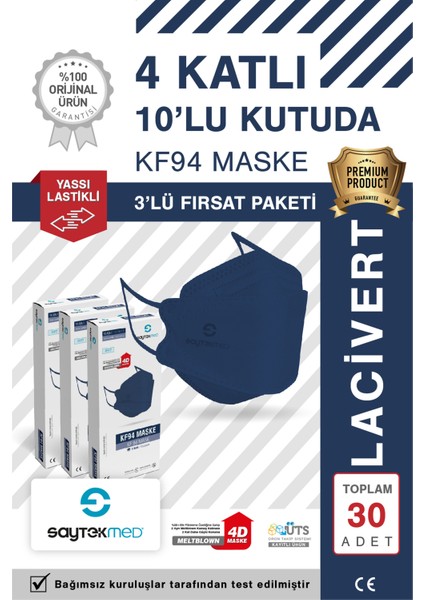 KF94 Kore Tipi, 4 Katlı, Lacivert Maske, Tekli Paket, Uv Steril (3 Kutu/ 30 Adet)