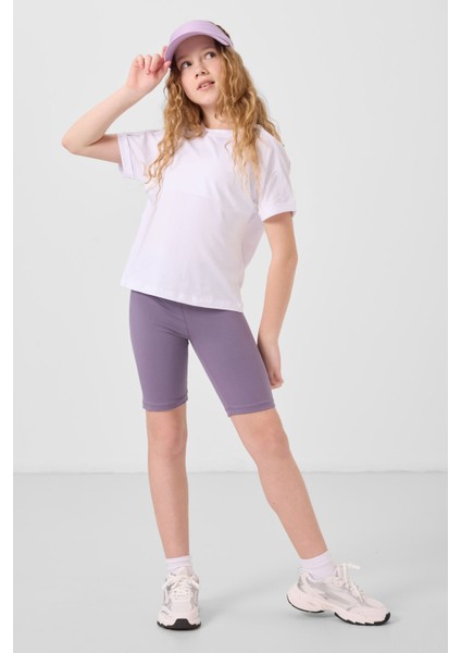 Eflatun Pamuklu Kısa Paça Standart Fit Basic Kız Çocuk Tayt - 75188