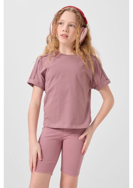Gül Kurusu Pamuklu O Yaka Oversize Fit Basic Kız Çocuk T-Shirt - 75182 indirimleri