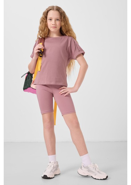 Gül Kurusu Pamuklu O Yaka Oversize Fit Basic Kız Çocuk T-Shirt - 75182
