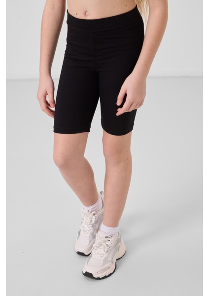 Siyah Pamuklu Kısa Paça Standart Fit Basic Kız Çocuk Tayt - 75188