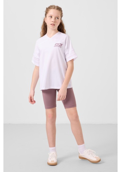 Beyaz-Gül Kurusu V Yaka Kemer Detaylı Standart Fit Performans Kız Çocuk Tayt Takım - 75187 modelleri