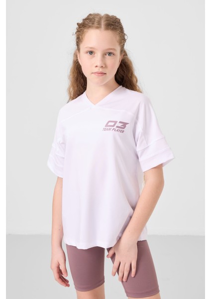 Beyaz-Gül Kurusu V Yaka Kemer Detaylı Standart Fit Performans Kız Çocuk Tayt Takım - 75187 indirimleri