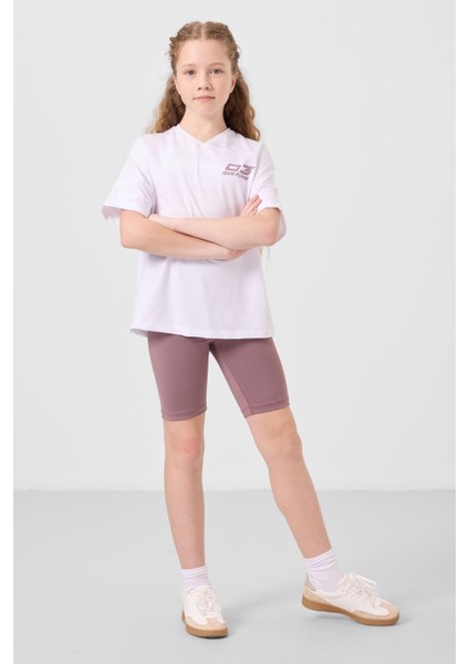 Beyaz-Gül Kurusu V Yaka Kemer Detaylı Standart Fit Performans Kız Çocuk Tayt Takım - 75187