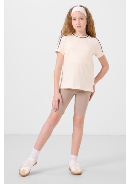 Koyu Bej Pamuklu Kısa Paça Standart Fit Basic Kız Çocuk Tayt - 75188