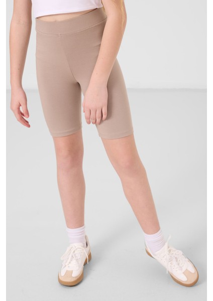 Koyu Bej Pamuklu Kısa Paça Standart Fit Basic Kız Çocuk Tayt - 75188