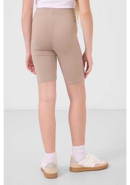 Koyu Bej Pamuklu Kısa Paça Standart Fit Basic Kız Çocuk Tayt - 75188