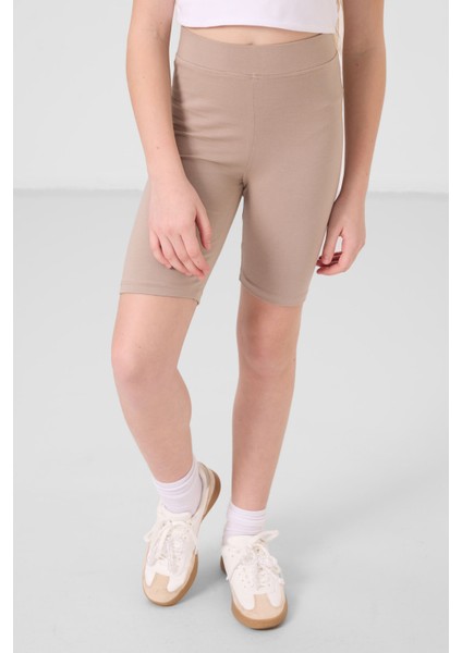 Koyu Bej Pamuklu Kısa Paça Standart Fit Basic Kız Çocuk Tayt - 75188