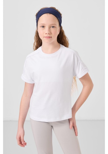 Beyaz Pamuklu O Yaka Oversize Fit Basic Kız Çocuk T-Shirt - 75182