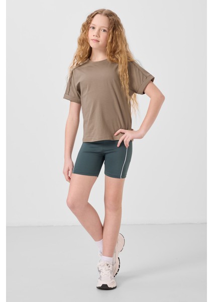 Koyu Bej Pamuklu O Yaka Oversize Fit Basic Kız Çocuk T-Shirt - 75182 fiyatları