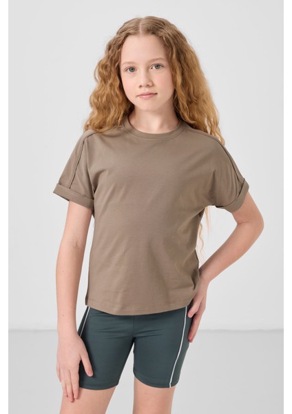 Koyu Bej Pamuklu O Yaka Oversize Fit Basic Kız Çocuk T-Shirt - 75182 modelleri