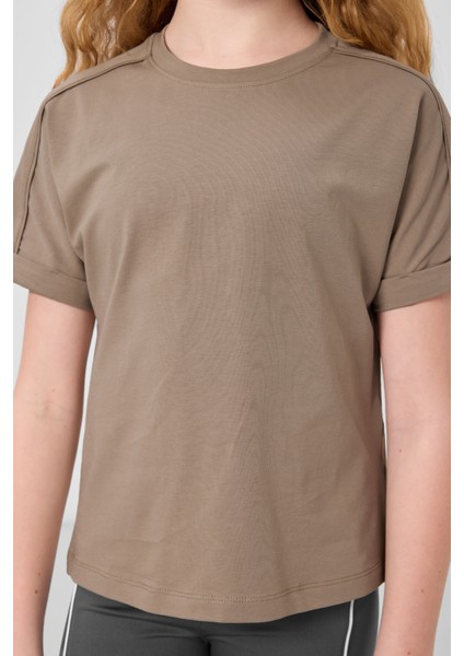 Koyu Bej Pamuklu O Yaka Oversize Fit Basic Kız Çocuk T-Shirt - 75182 fırsatları