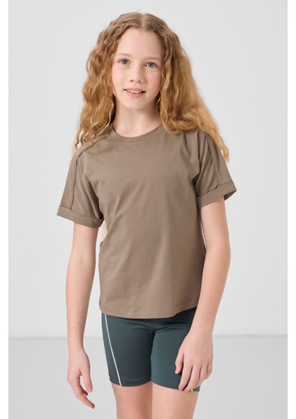 Koyu Bej Pamuklu O Yaka Oversize Fit Basic Kız Çocuk T-Shirt - 75182