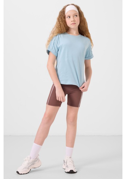 Açık Mavi Pamuklu O Yaka Oversize Fit Basic Kız Çocuk T-Shirt - 75182 modelleri
