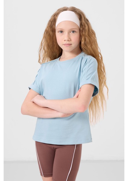 Açık Mavi Pamuklu O Yaka Oversize Fit Basic Kız Çocuk T-Shirt - 75182
