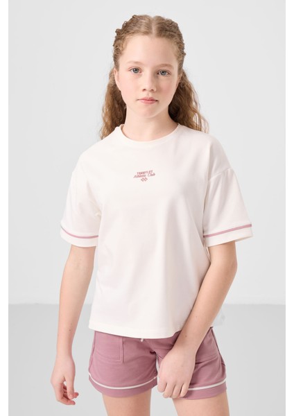 Ekru-Gül Kurusu Pamuklu Yumuşak Dokulu Standart Fit Basic Kız Çocuk Şort Takım - 75183