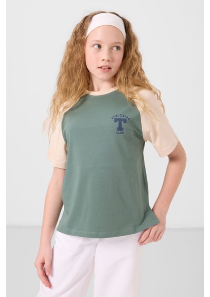 Açık Yeşil O Yaka Pamuklu Baskılı Oversize Fit Kız Çocuk T-Shirt - 75179