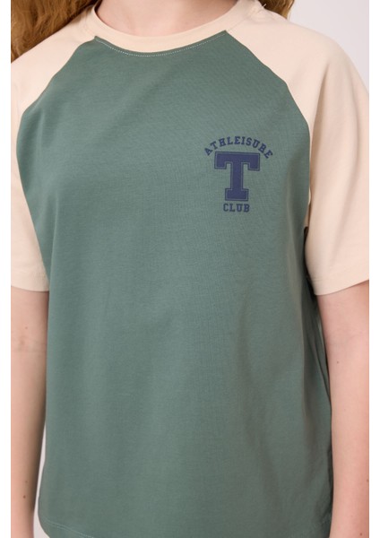 Açık Yeşil O Yaka Pamuklu Baskılı Oversize Fit Kız Çocuk T-Shirt - 75179