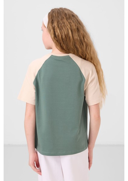 Açık Yeşil O Yaka Pamuklu Baskılı Oversize Fit Kız Çocuk T-Shirt - 75179