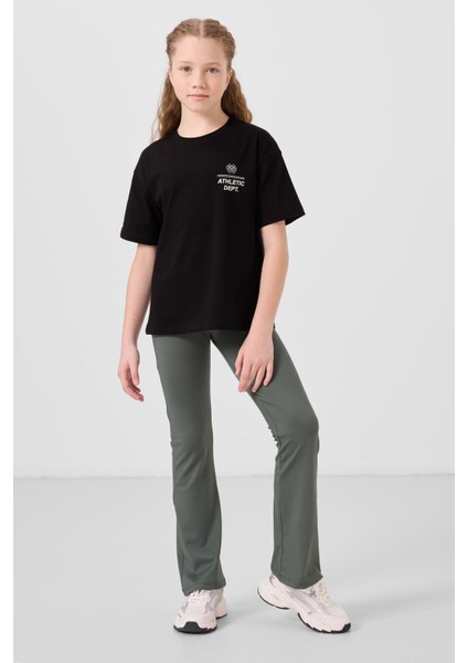 Haki Esnek Standart Fit Basic Performans Ispanyol Paça Kız Çocuk Tayt - 75193