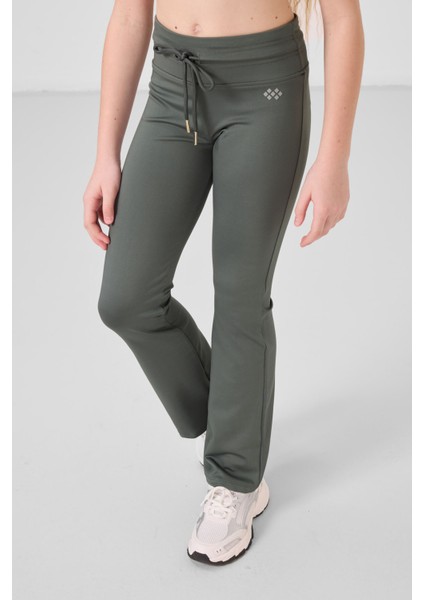 Haki Esnek Standart Fit Basic Performans Ispanyol Paça Kız Çocuk Tayt - 75193