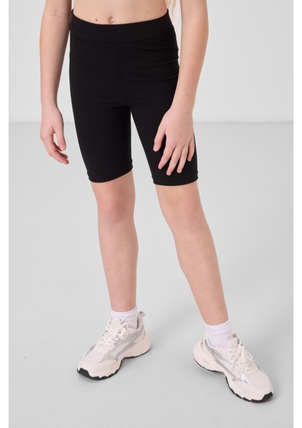 Siyah Pamuklu Kısa Paça Standart Fit Basic Kız Çocuk Tayt - 75188