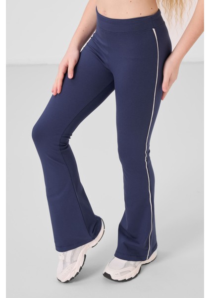 Ekru-Indigo Pamuklu O Yaka Standart Fit Basic Ispanyol Paça Kız Çocuk Tayt Takım - 75192