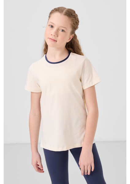 Ekru-Indigo Pamuklu O Yaka Standart Fit Basic Ispanyol Paça Kız Çocuk Tayt Takım - 75192