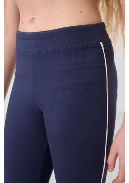 Ekru-Indigo Pamuklu O Yaka Standart Fit Basic Ispanyol Paça Kız Çocuk Tayt Takım - 75192